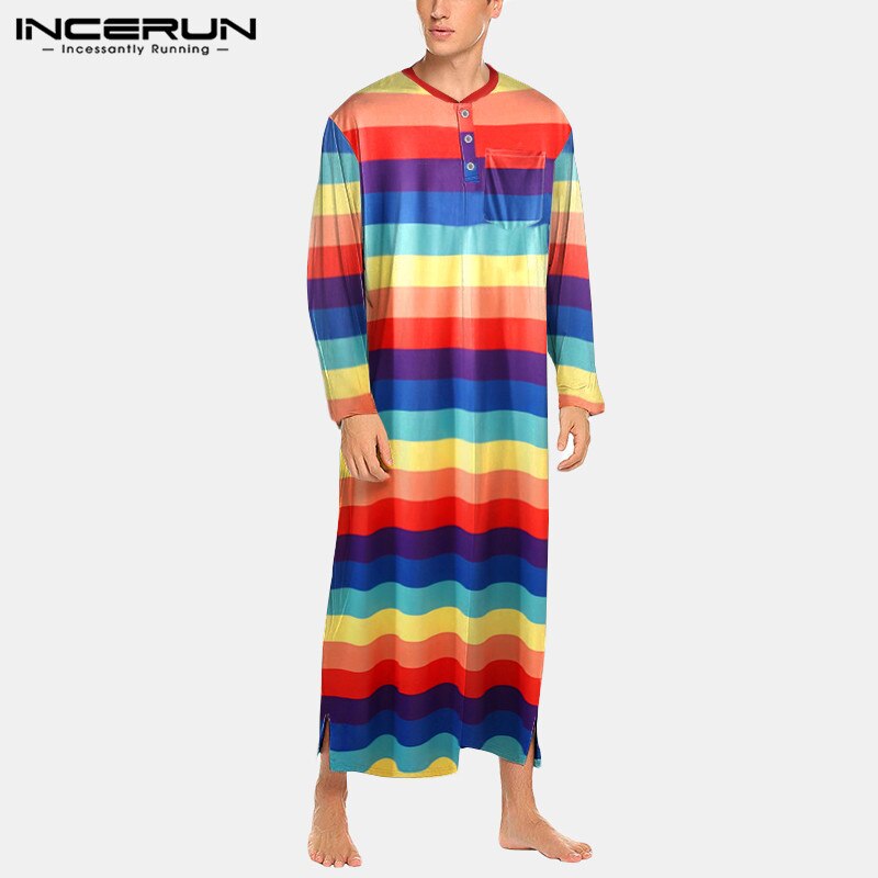 Men Striped Robes Colorful Round Neck Long Sleeve Soft Bathrobes Cozy Nightgown Loose Leisure Mens Dressing Gowns S-5XL INCERUN