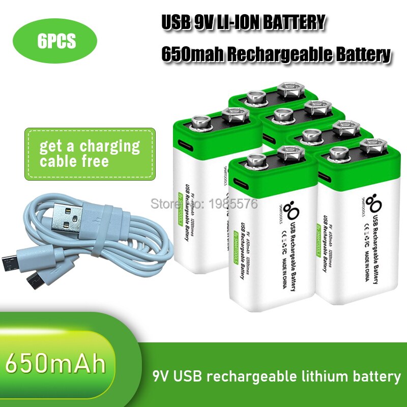 2-10PCS 9V 6F22 650mAh USB lithium Rechargeable battery 9 V li-ion batteries for Multimeter Microphone Toys Remote Control: 6PCS