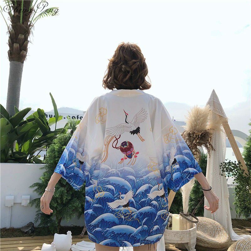 Kimono japonés Yukata de verano, Top japonés de grúa coronada roja, Haori, Kimono japonés Harajuku, Kimono bohemio Yukata Wome V1861,: 2
