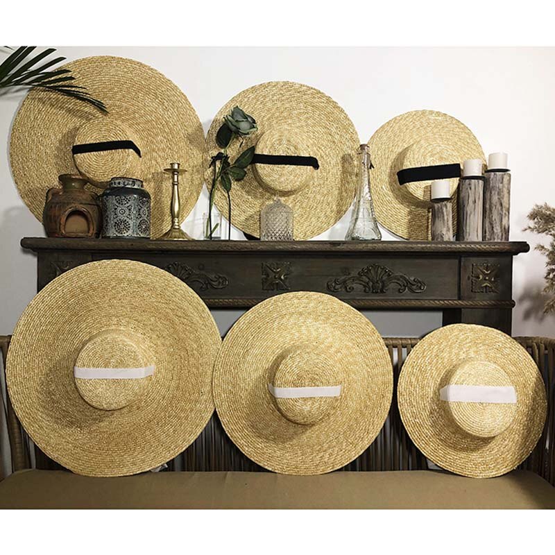 Håndlavet sort naturlig stråhat til mænd kvinder bandage bånd slips bred kant sol hat derby solbeskyttelse sommer strand hat: Naturlig med sort / Randen 15cm(4.7 tommer)