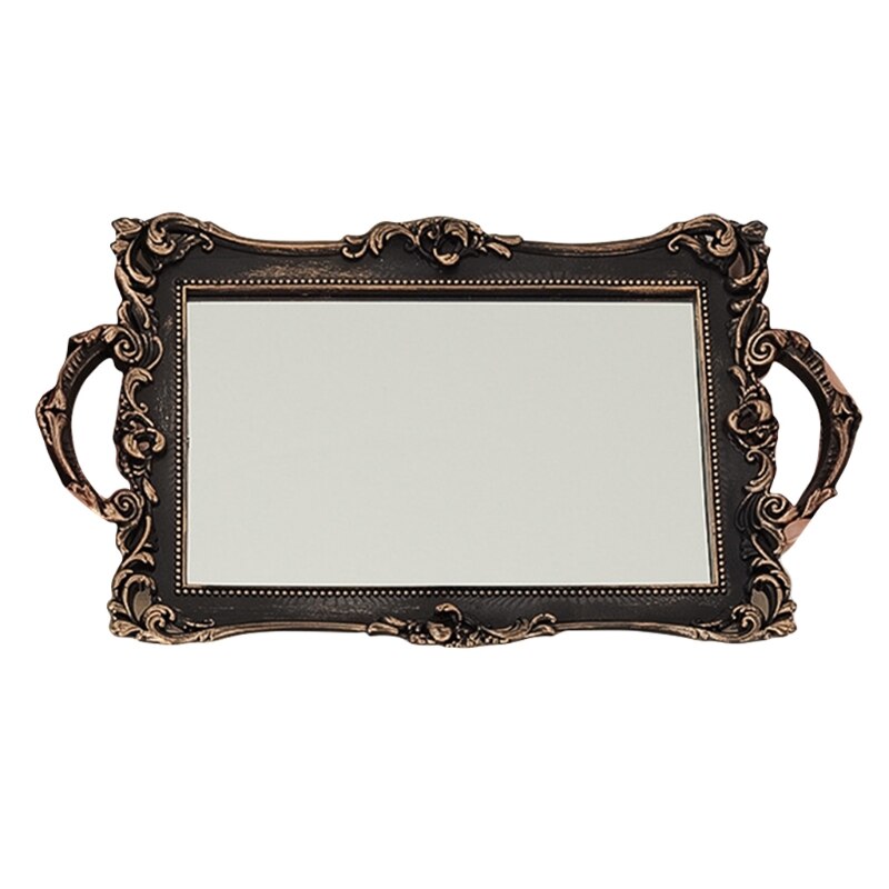 Vintage Rechthoek Decoratief Glas Spiegel Tray Franse Stijl Fruit Sieraden Display Opslag Plaat Desktop Ornamenten Make-Up: Black