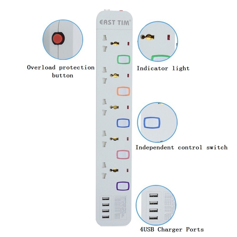 Multiple Power Strip 5 Way AC Universal Outlets Electrical Plug Socket with USB Individual Switched 1.5 M Extension Cord