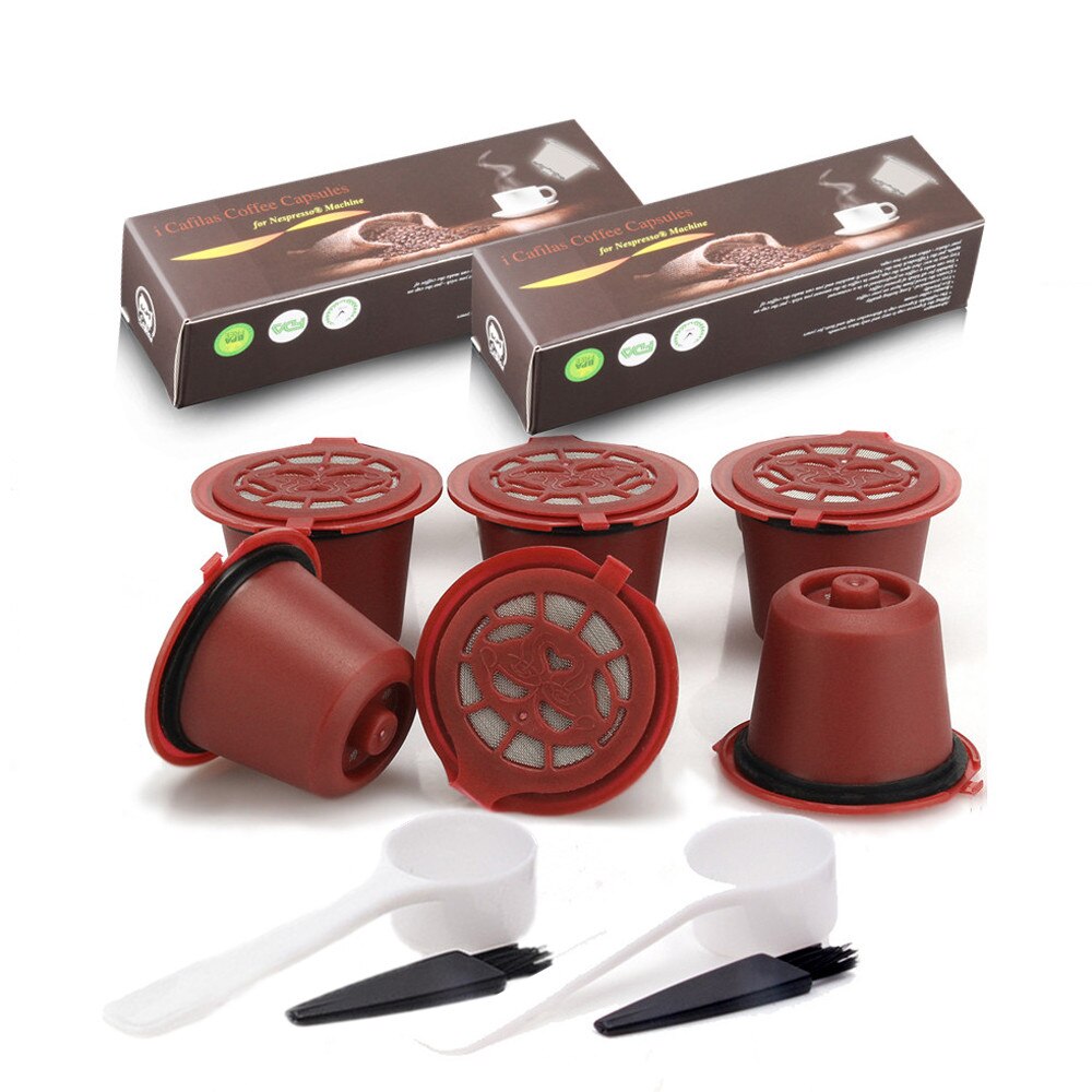 Reusable Refillable Coffee Capsule Plastic Coffee Filters Pod For Nespresso Refill Coffee Capsule Filters With Spoon Brush: 6pcs Red