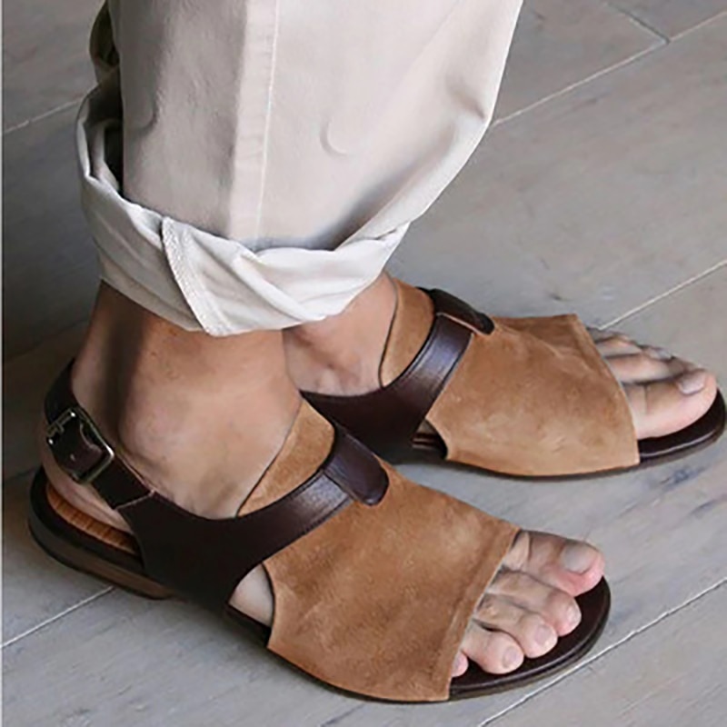 Sandalias romanas informales para hombre, zapatos planos Retro de Punta abierta para playa, sandalias de gladiador con cinturón y hebilla, talla grande, verano,: brown / 38