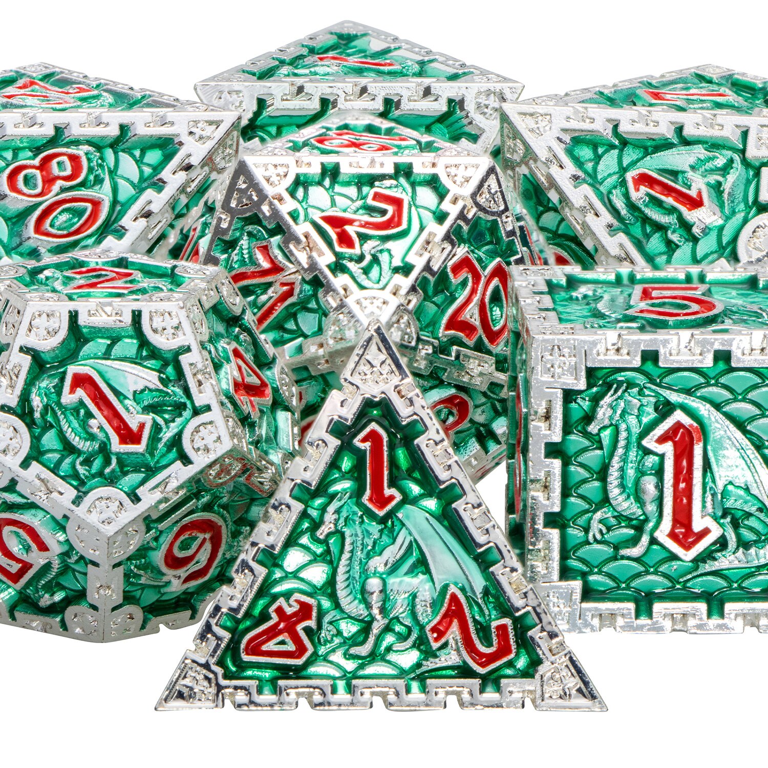 Metal Polyhedral DND Dice Set Dungeon and Dragon D&amp;D Dice for MTG Pathfinder RPG Roll Playing Game D20 D12 D10 D8 D6 D4: Green Red Numbers