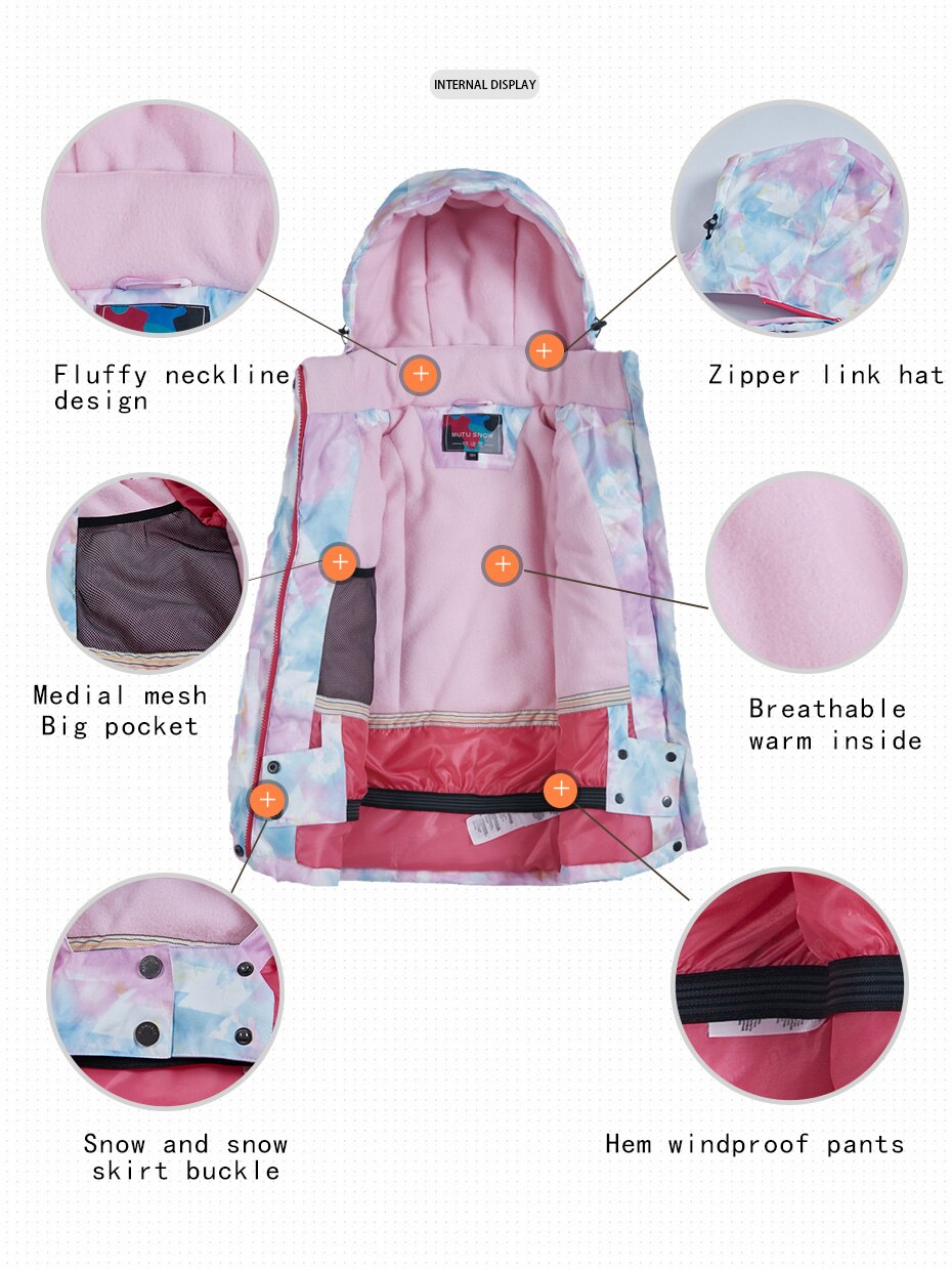 Mutusnow crianças jaqueta de esqui inverno crianças à prova de vento impermeável super quente roupas de esqui meninas casaco de neve-30 jaqueta de snowboard de inverno
