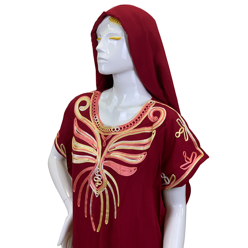 Abaya musulmana de algodón para mujer, caftán Dashik de Oriente Medio, ropa de África, India, Arabia Saudita, Pakistán, turbante bordado Djellaba R08: Borgoña