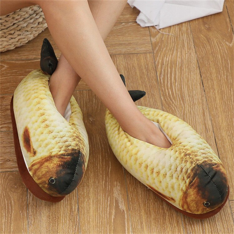 Król LIN Słodki kreskówka krokodyl dla obu płci zimowe kapcie domowe kobiety mężczyźni ciepłe pluszowe buty na piętro w domu antypoślizgowy leniwy bawełniane buty: ryba / 4.5