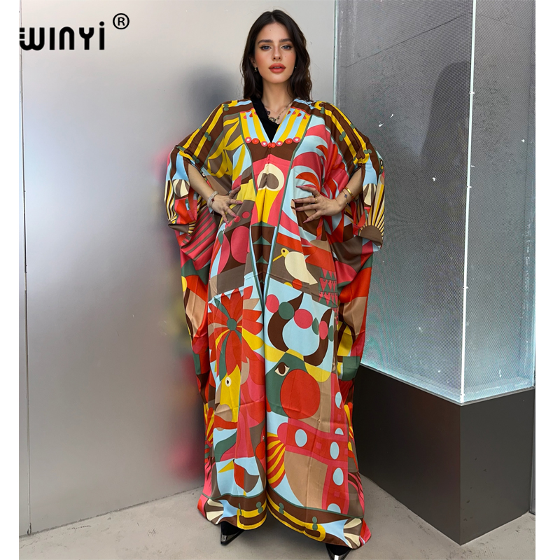 Winyi sommar kaftan kuwait kvinnor tryck strandklänning abaya dubai lyxig abaya muslimsk kvinna dubai aftonklänning