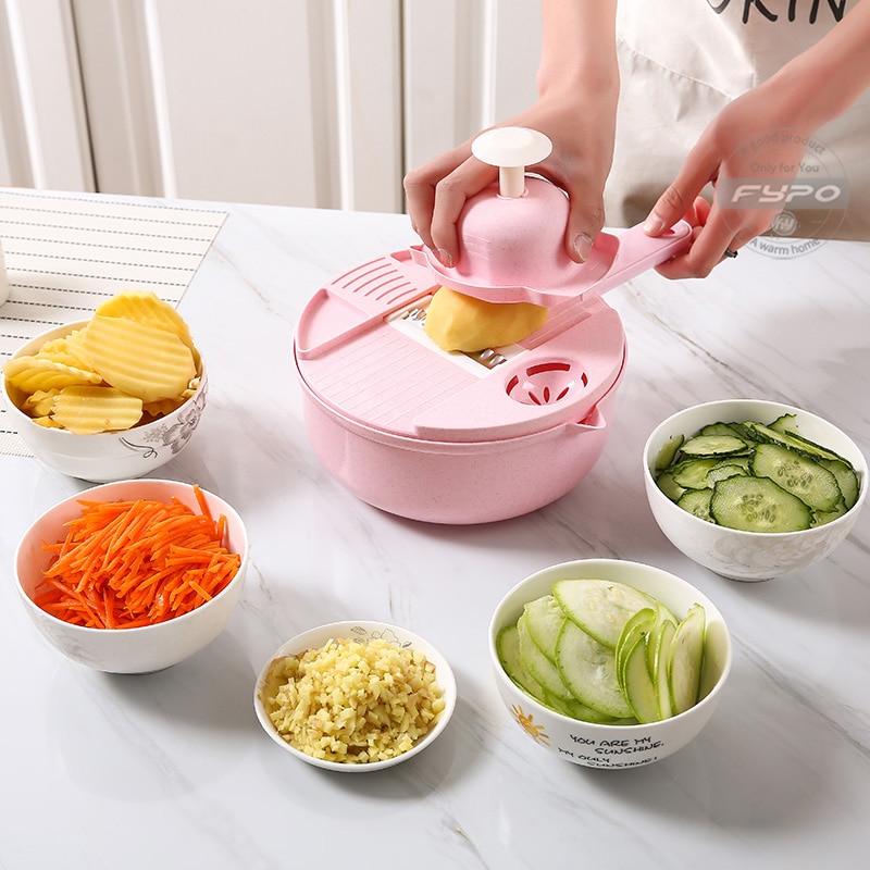 Multi-functional Vegetable Slicer Chopper Kitchen Cutter Vegetable Fruits Tools with 6 Blades Egg Divider Drainer Salad Maker
