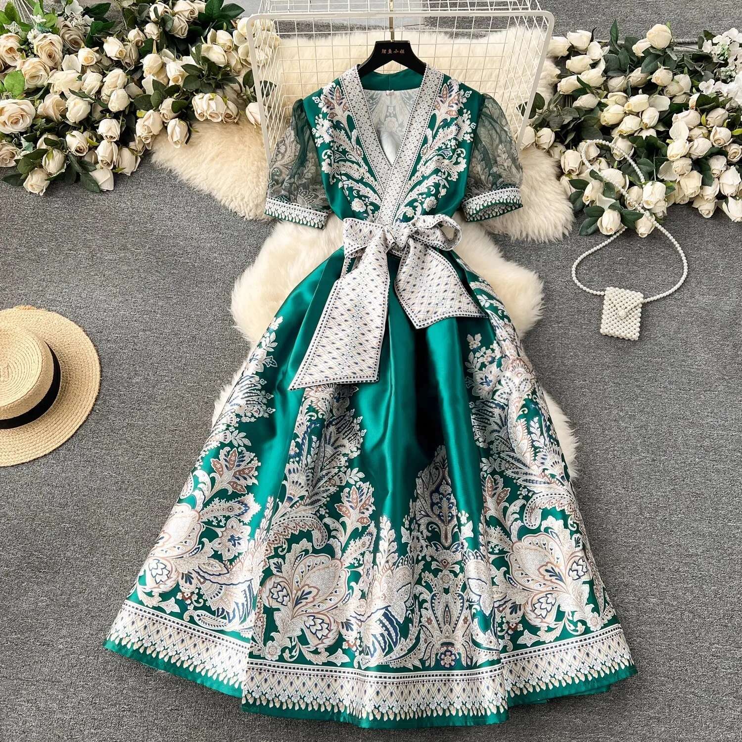 Jamerary Blumen druck Urlaubs kleid Frauen Palast Stil hoch-Ende elegante Promi Midi- Langarm Vestidos: L / Schwarz