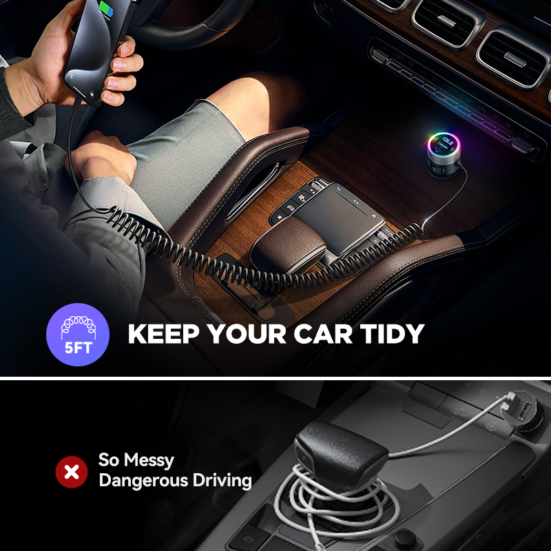 Transmisor FM Bluetooth 5,4 60W PD QC3.0 cargador de coche rápido micrófonos duales más fuertes HiFi sonido profundo adaptador de cargador USB C Joyroom