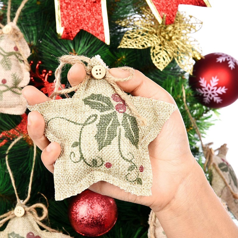 12 stuks kerstversieringen van jute, hangende kerstversieringen in de vorm van een kerstsok, balvormig voor een kerstfeestje , 4 s