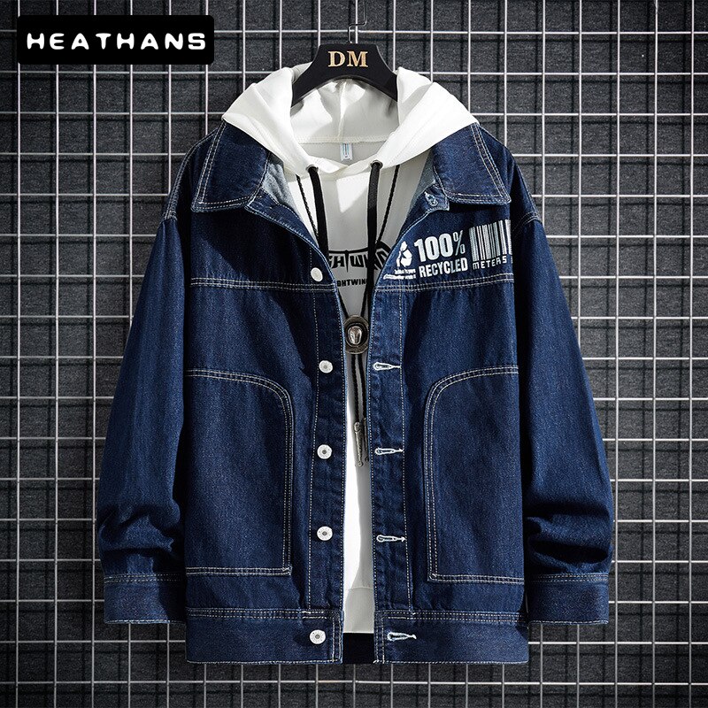 Autumn Winter Jean Jacket Mens Dark Blue Single-breasted Casual Denim Jacket Male Letter Printing Thicken Youthful Loose Jackets