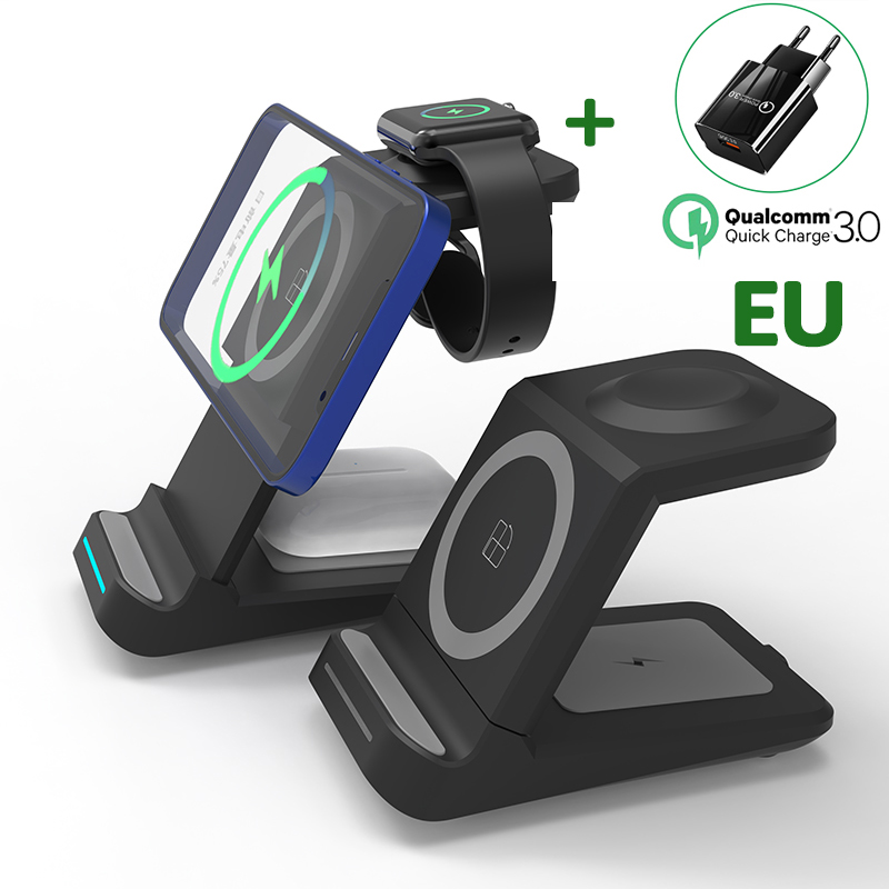 30w 3 in 1 magnetische kabellose ladestation für iphone 13 12 11 xr 8 apple watch qi schnellladestation für airpods pro iwatch 7 6: Schwarz mit eu-stecker