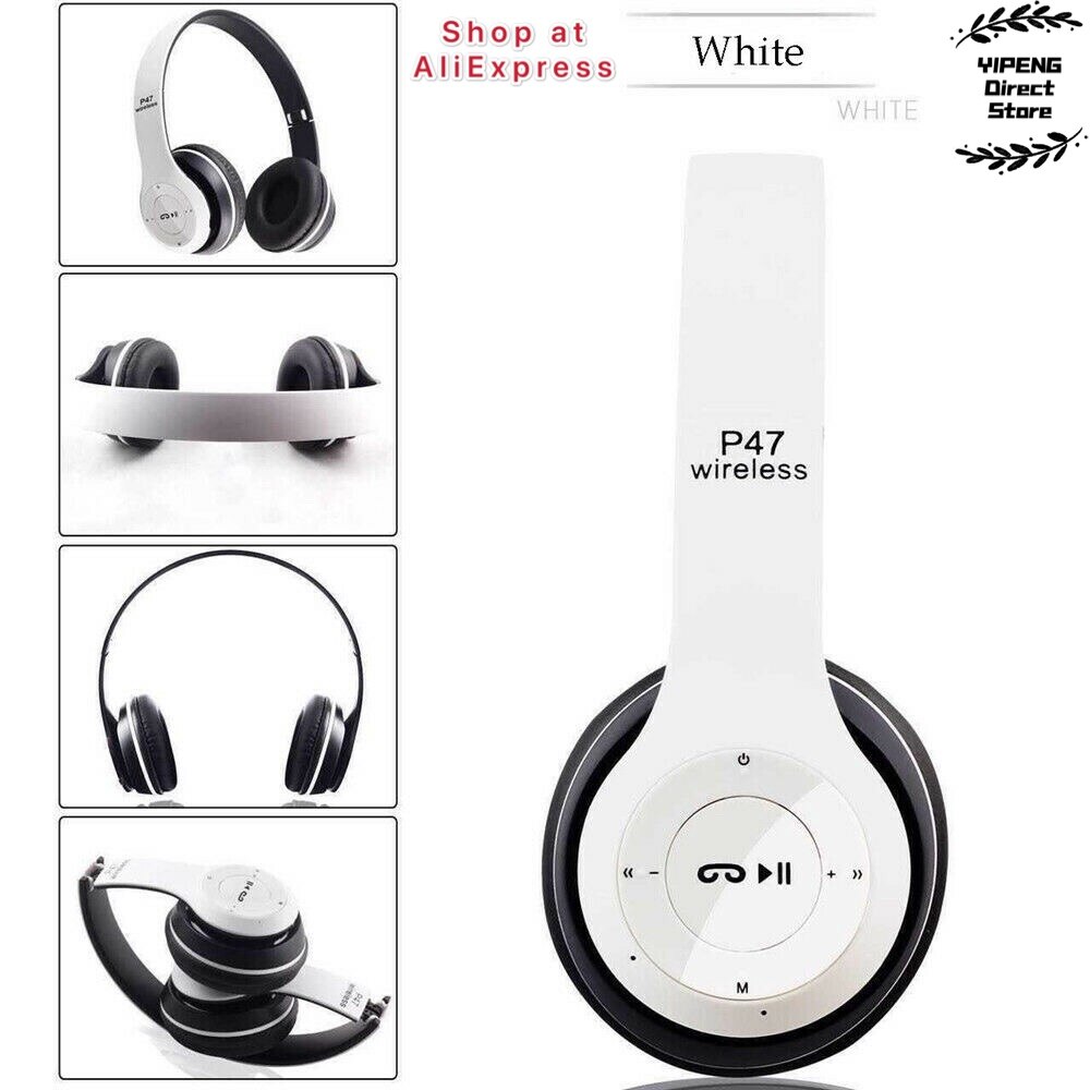 P47 langattomat kuulokkeet hifi stereo taitettava bluetooth-kuuloke mikrofonilla tuella sd-kortti  ps4 älypuhelimen tablet-kannettavalle: Valkoinen