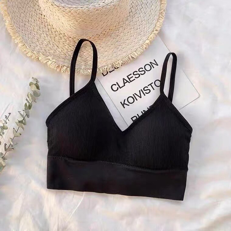 Cross sling big U-shaped back wrapped chest bra no steel ring girl with chest cushion bottoming backless underwear girl: black