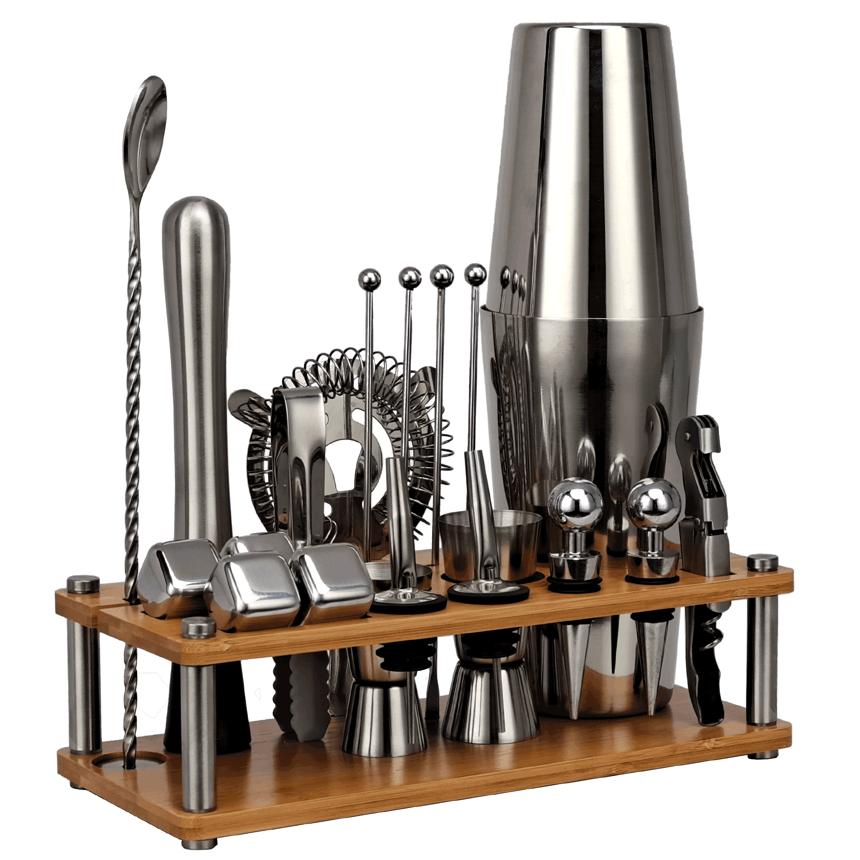 21-Piece Cocktail Shaker Set,Bartender Kit With Bamboo Stand Detachable, Party Home Bar Tools Stainless Steel ,Perfect