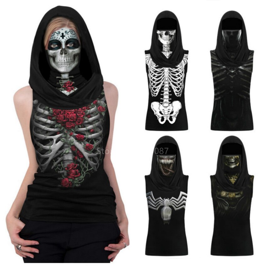 Summer Halloween Skeleton Print Cosplay Costume Women Hooded Tank Top Ear Hanging Mask Scary Horror Carnival Party Sleeveless