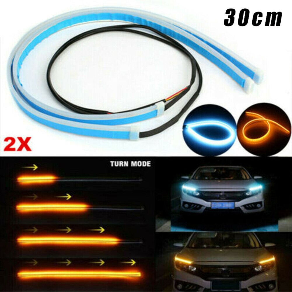 2pcs Auto Lamps LED Car Headlight Strip Light DRL Car Exterior Decoration Light Slim Flexible Turn Signal Lights 11.81inch