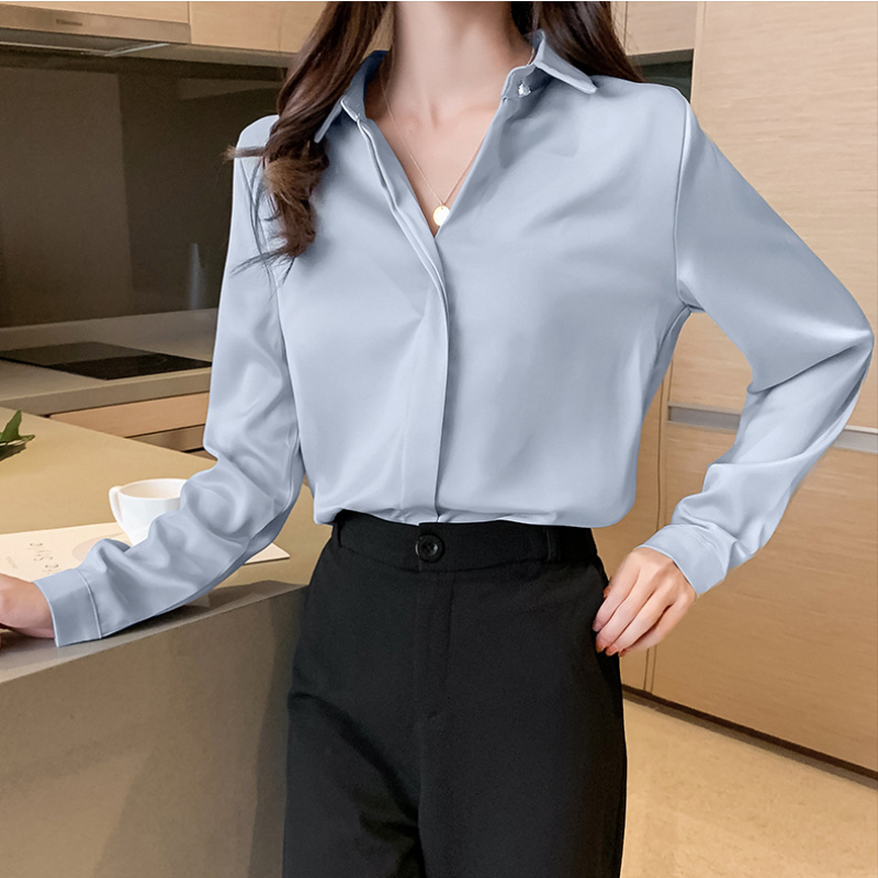 Camicie da donna in raso camicetta elegante per donna camicia a maniche lunghe camicia rossa in seta OL camicette da donna superiore da donna 2024 abbigliamento femminile: XXL / Grigio