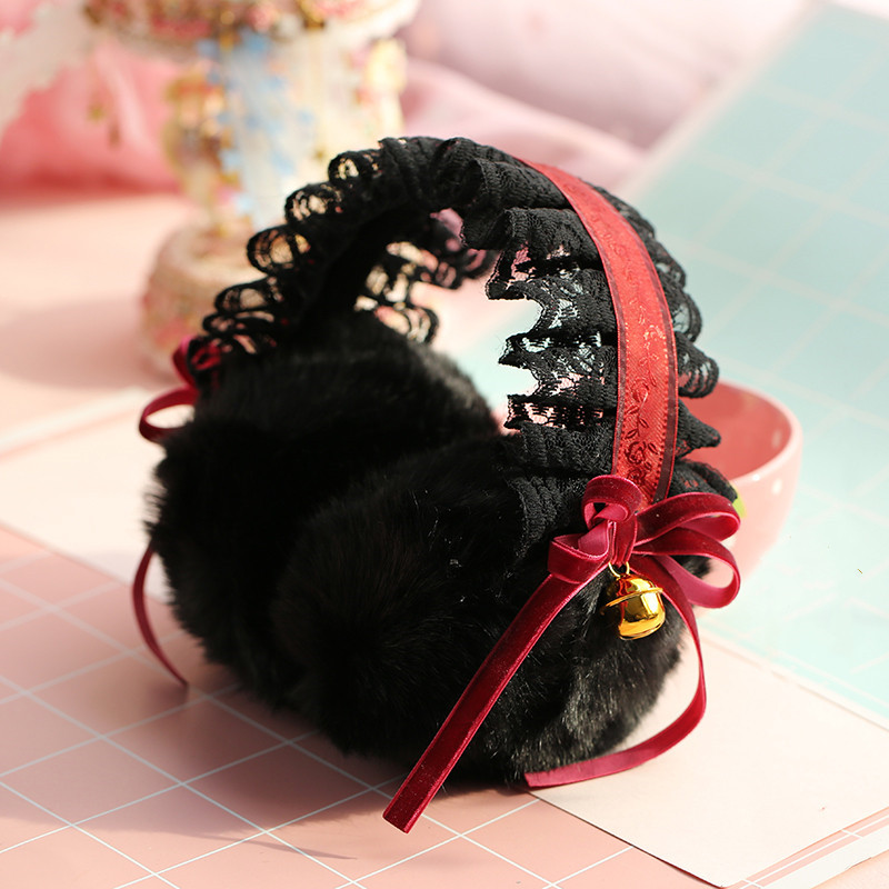Ear Warmer Winter Accessories Lolita Burgundy Ribbon Bells Plush Ear Covers Girl Gothic Black Lace Earmuffs: Earmuff