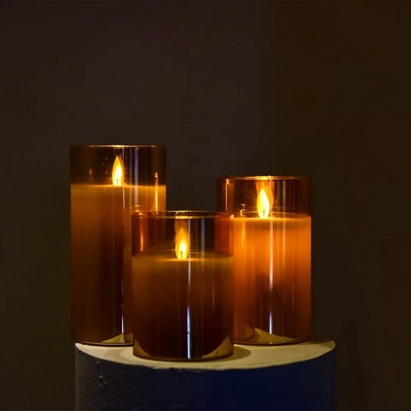 Amber Glass LED Flameless Candles Flickering with Remote,Battery Operated,For Wedding,Festival Decorations,3 Pack
