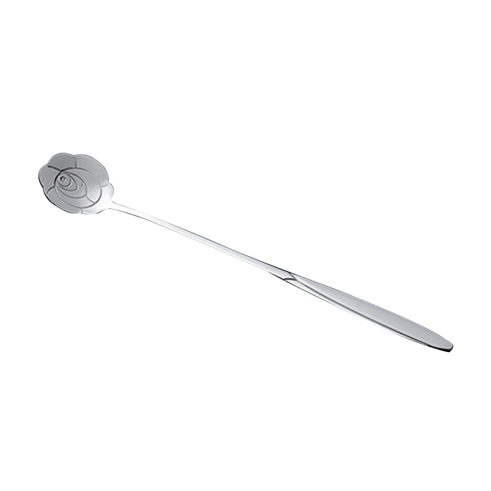 Kitchen Spoons Stainless Steel Teaspoons Long Handle Flower Heart Ice Cream Dessert Coffee Tea Spoons Mixing Spoon: Silver Rose Flower