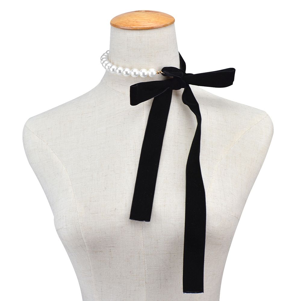 Punk Elegante Zwart Fluwelen Lint Parel Kralen Choker Vlinderdas Charme Kraag Ketting Gothic Sieraden Noble Banket