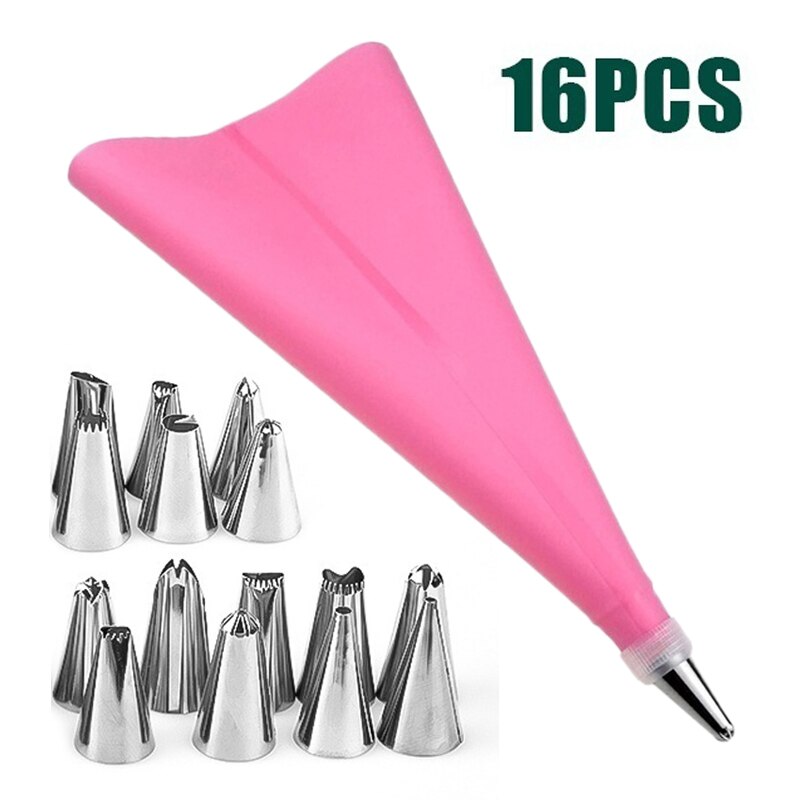 16PCS DIY Ice Piping Cream Pastry Bag Reusable Stainless Steel Nozzle Pastry Tips Converter Squeeze Cake Decorating Baking Tools: Pink