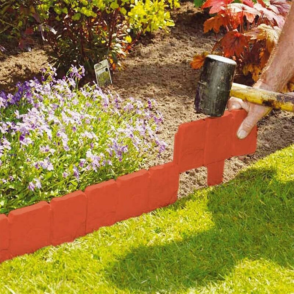 20Pcs Orange Red Garden Fence Edging Cobbled Stone Effect PP Lawn Edging Plant Border Decorations Flower Bed Border Home Decor