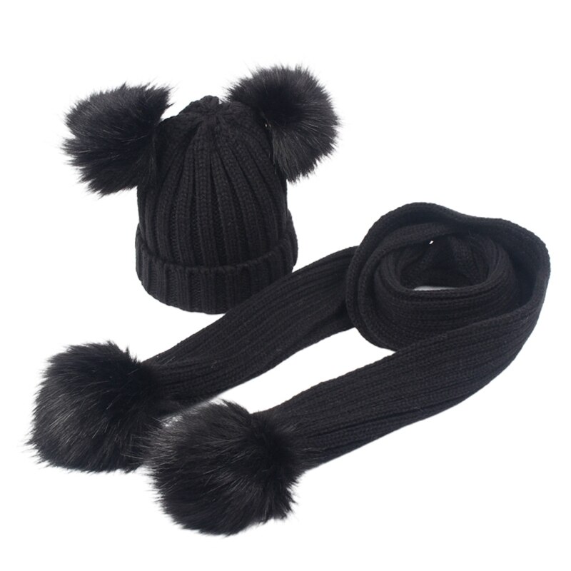 Småbarn barn vinter varm ribbad stickad mössa med lång halsduk set enfärgad söt dubbel pom pom öron manschett skalle mössa: Svart