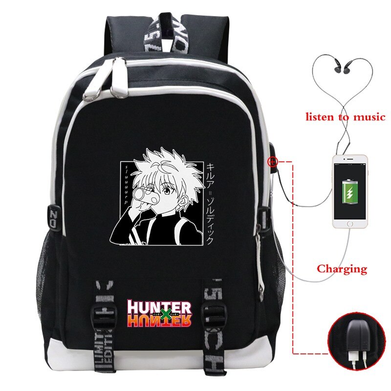 Hunter X Hunter School Bags Japan Anime BackpackS Boys Girls USB Charging Travel Large Laptop College Students Schoolbag Bagpack: 802-BK-hunter5-h55