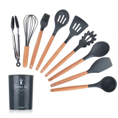 Kitchen Utensils Cooking utensils Wood Handle Silica Gel Kitchenware 11 Piece Set 9 Piece Set Kitchen Tool Scoop Set: Black-17