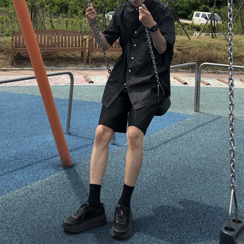 Mænd 2 stk sæt (skjorte+shorts) sort denim kortærmet afslappet skjorte shorts mandlige japan korea streetwear hip hop skjorte: M