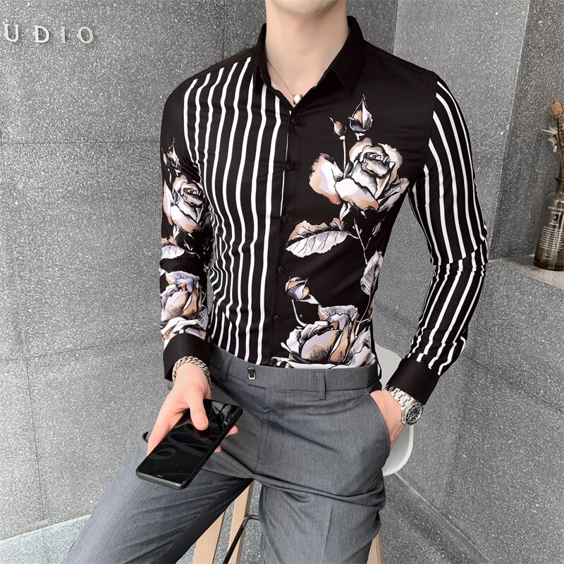 Efterår stribede skjorter til mænd slim fit streetwear afslappede skjorter langærmet blomsterskjorte camisa masculina business socialt tøj til mænd