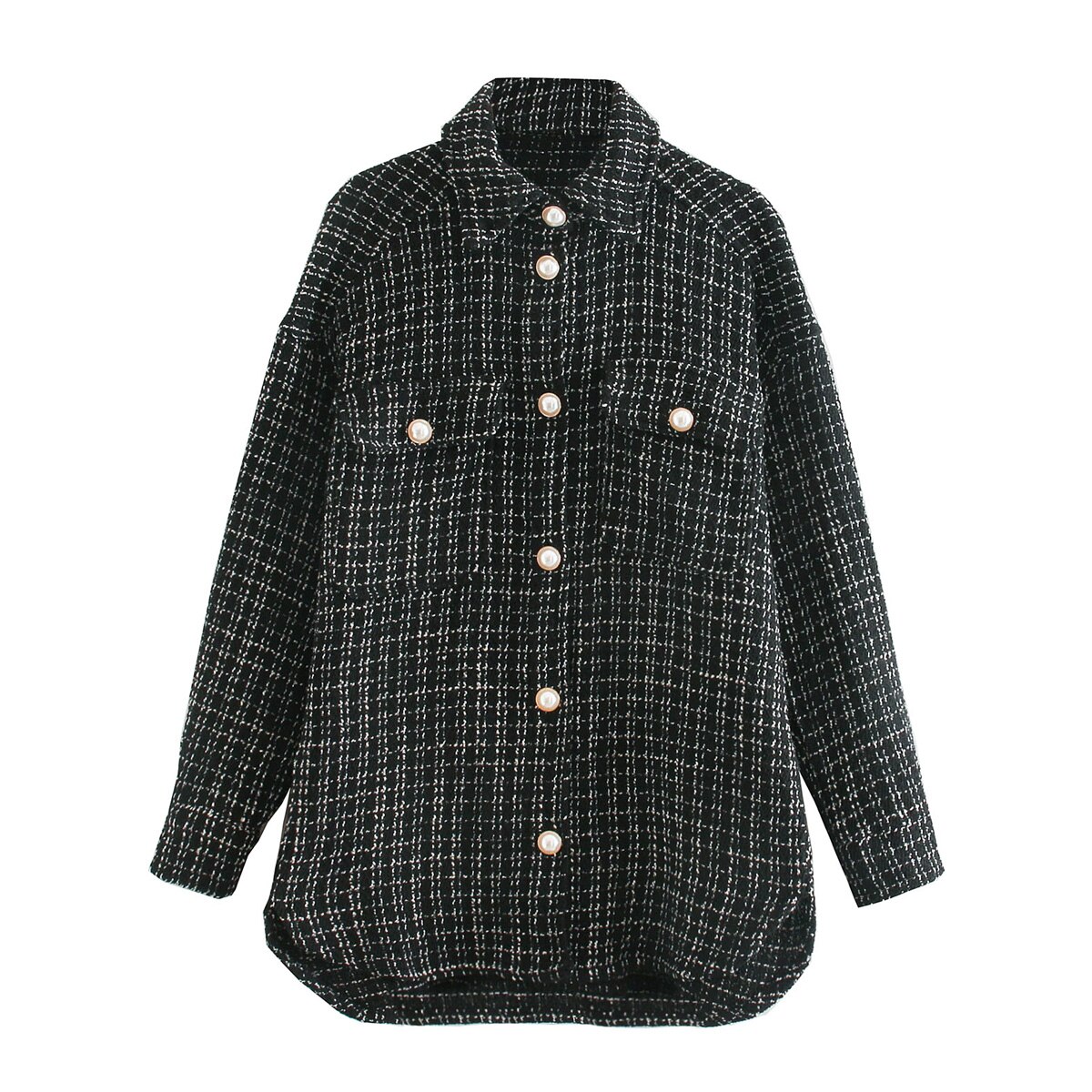 Dame efterår tweed jakke femme vinter femme frakke med turn-down krave med lomme lange ærmer oversize outwear frakke: Sort / M