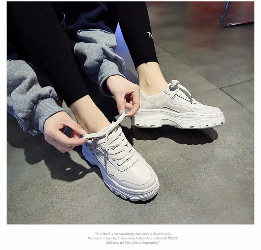Chunky Sneakers Women Shoes Woman Flats Lace Up Thick Bottom High Heels Platform Students White Casual Shoes Plus Size