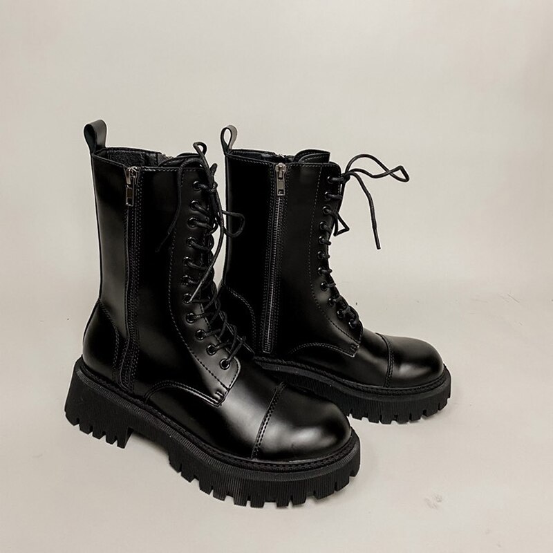 2020 plataforma chunky ankle boots feminino lado zíper rendas-up botas curtas mulheres design da marca estilo rua botas de motocicleta mujer