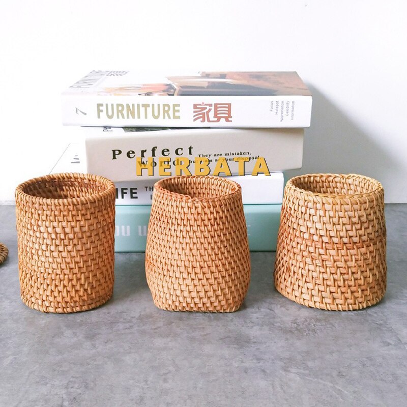 Simple Autumn Rattan Hand Woven Pen Holder Organizer Makeup Brush Holder Stationery Office Desk Accessories Decor