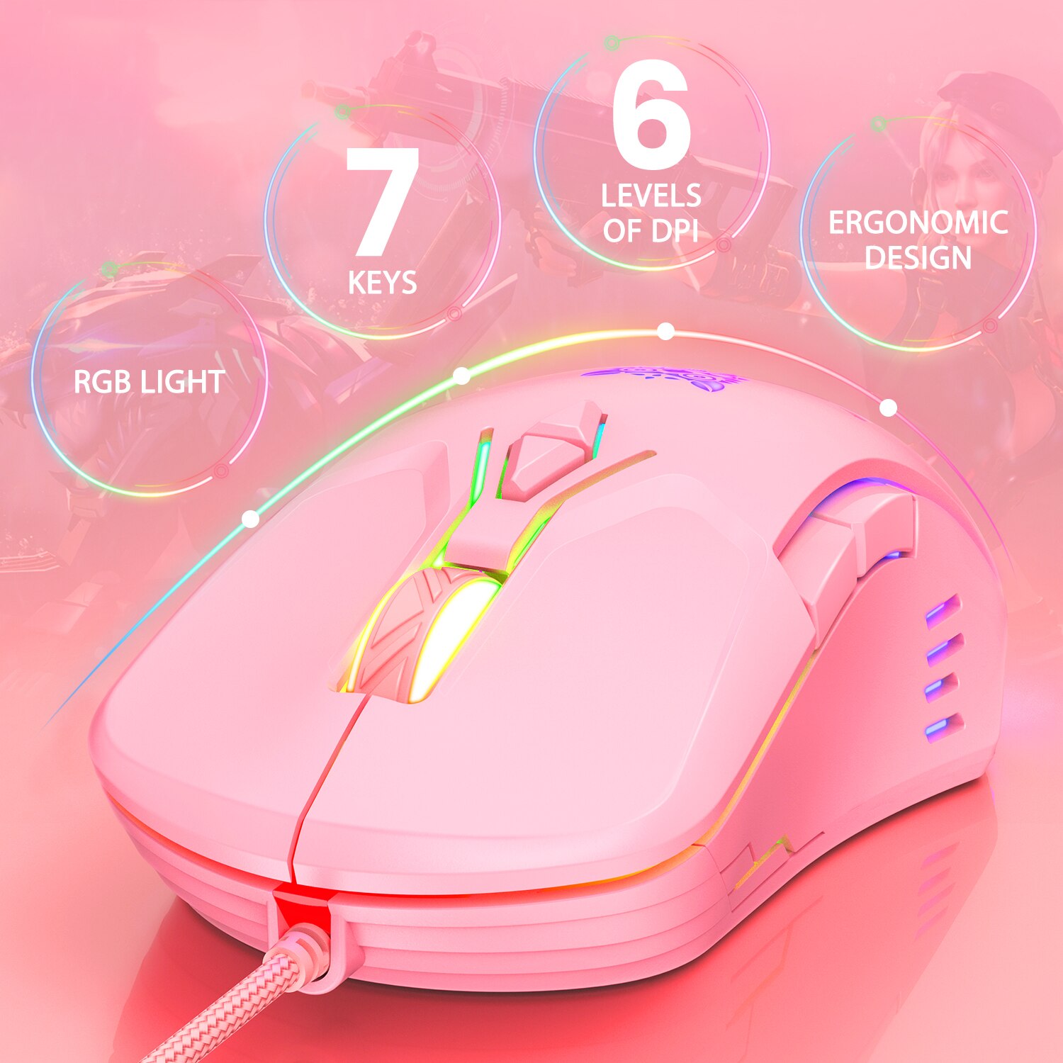 ONIKUMA CW902 Wired Gaming Mouse Cute Pink RGB 6400 DPI Optical Ergonomic USB Mice For PC Laptop Computer