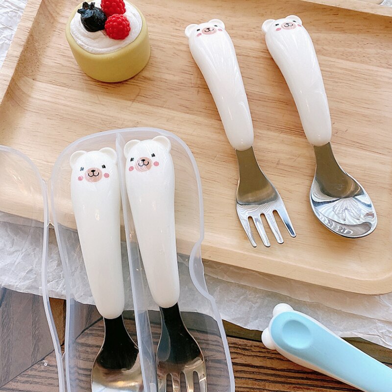 Kawaii Bear Cutlery Set Ceramics Handle 304 Stainless Steel Spoon and Fork Set Kitchen Dinnerware Flatware for Kids Adults