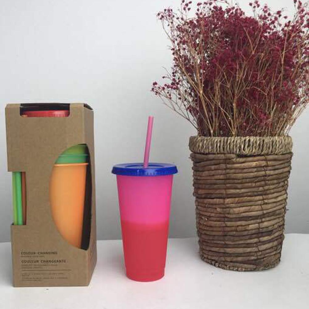 5PCS Reusable Color Changing Cold Cups Plastic Tumbler With Lid Durable Discoloration Changing Colour Cup With Straws Set