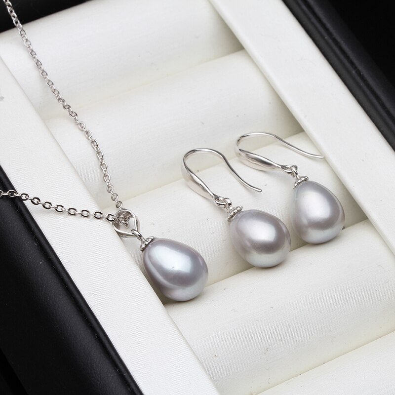 Pearl Jewelry Set Multi colour Freshwater Pearl Necklace Earrings 925 Sterling Silver Jewelry Set For Women: grey pearl set