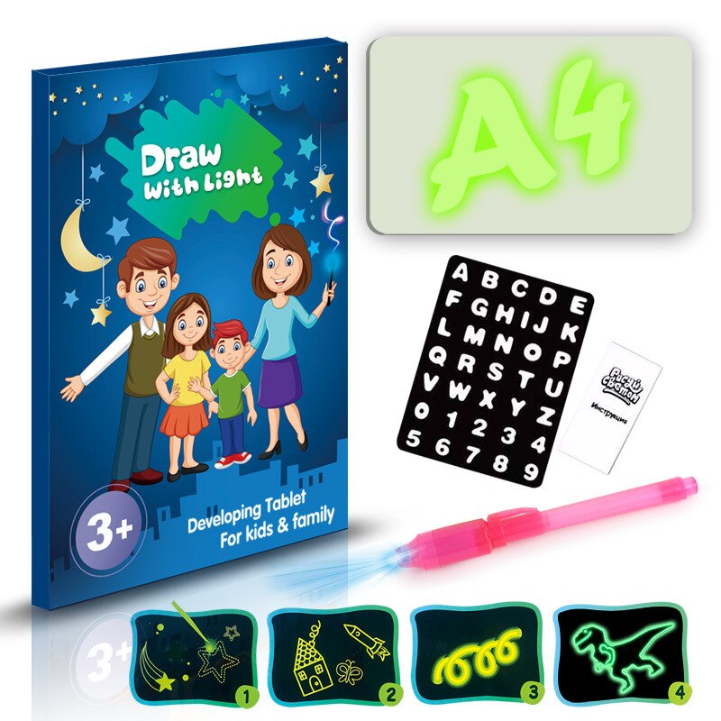 Writing Magic Drawing Board Set Educational Led Tablet Night Light Children Funny Toys Kids Russian Language Noctilucent: A4 English 260g