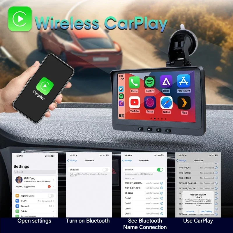 Bärbar 7- tums multimediaspelare med trådlös carplay, android auto-pekskärm med usb-aux, dubbel bluetooth-stereo, bilradio
