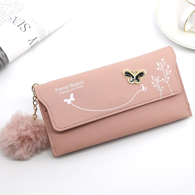 Modieuze Vrouwen Lange Portefeuilles Pure Kleur Wol Boog Clutch Bag Card Bag Coin Purse Standard Wallets Pu Solid Polyester: Pink