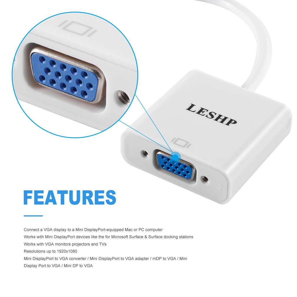 Leshp 1080P Mini Display Port Naar Vga Man-vrouw Video Adapter Converter Wit Voor Vga Monitoren Projectoren En tvs