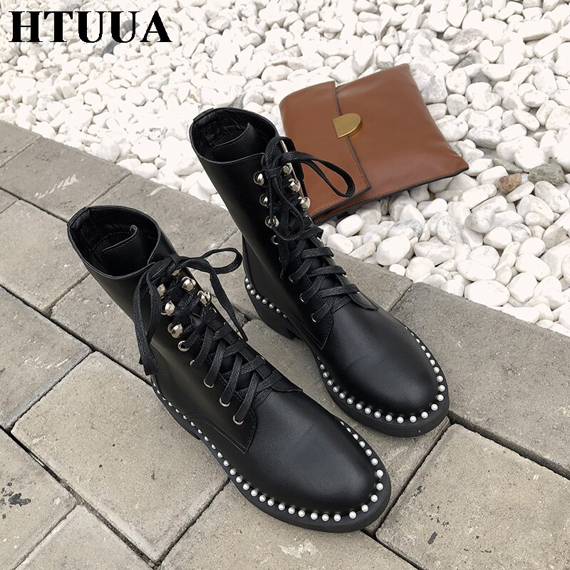 Htuua kvinnor martin boots motorcykel stövlar höst vinter skor pärla snörning mjukt läder tjock klack korta ankel boots  sx4196
