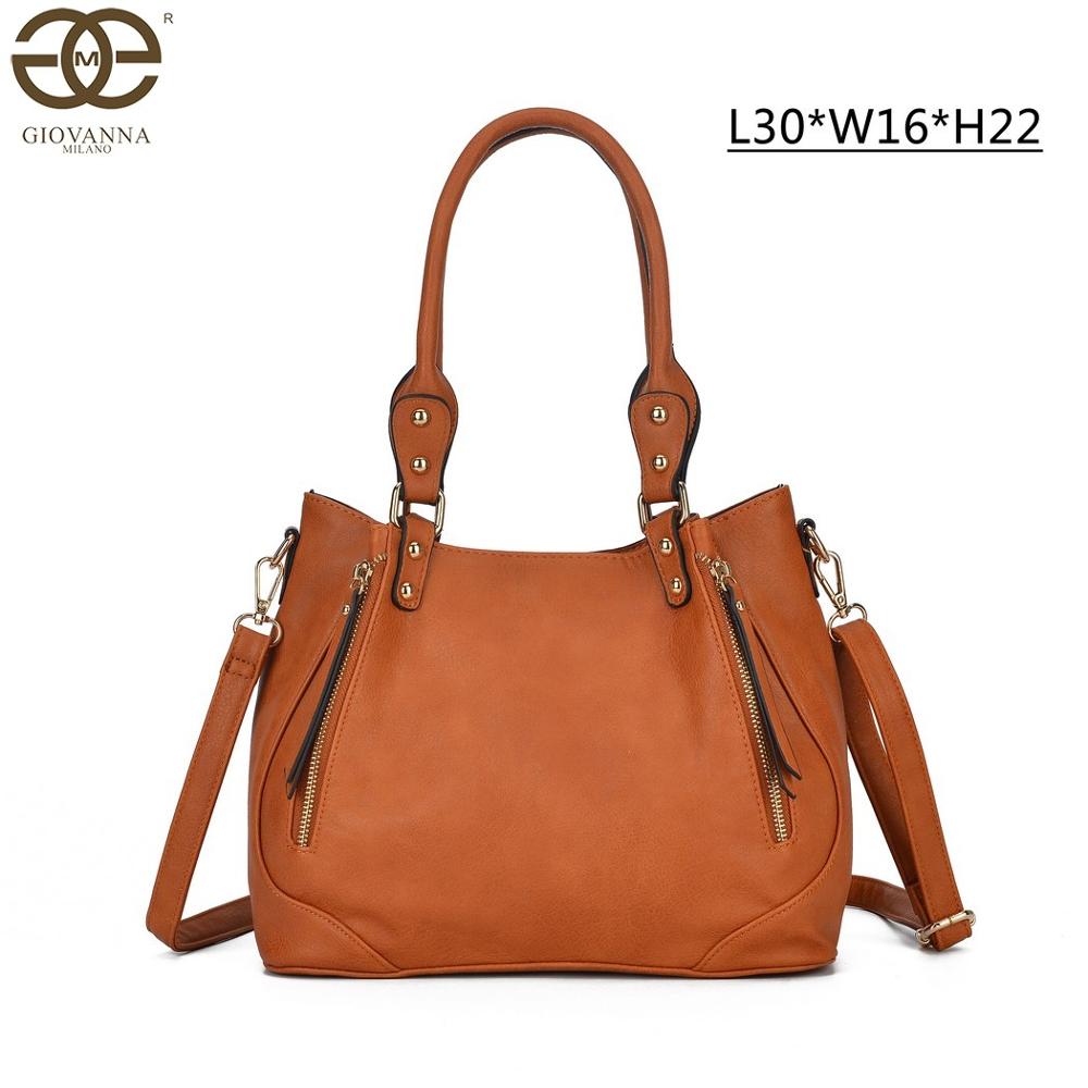 Giovanna Milano Bolso mujer de hombro grande con doblado bolsos de mano para chicas tote casual con correa ajustable y cremalleras de adorno PU en color liso cierre con cremallera tamaño oficina T10969: Marron